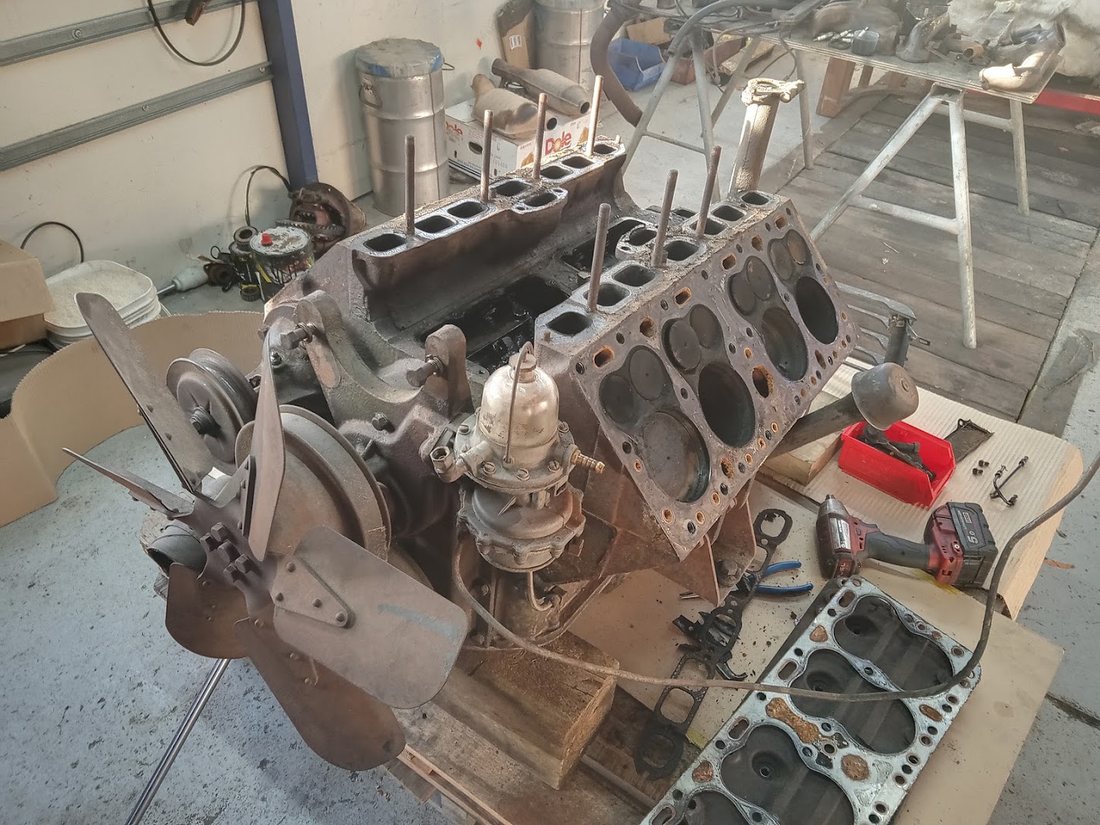 Engine block and head on the bench mid rebuild