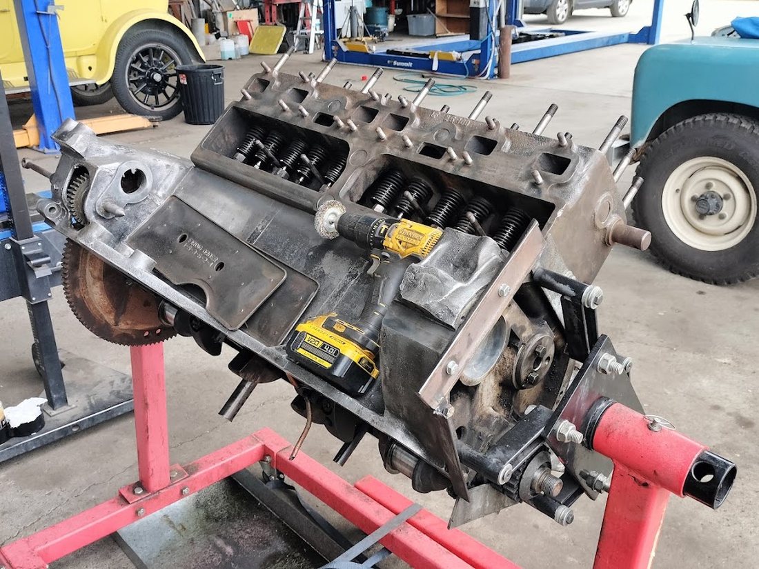 Cylinder head and block stripped down on the stand
