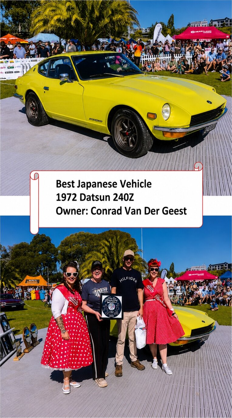 The yellow 1972 Datsun 240Z and its Best Japanese Vehicle award presentation
