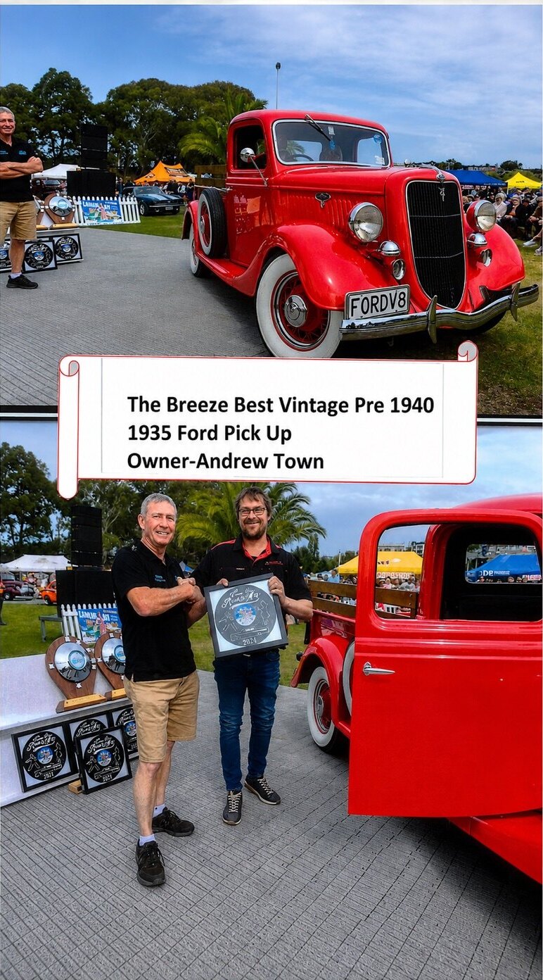 The red 1935 Ford pickup and its Best Vintage Pre 1940 award presentation