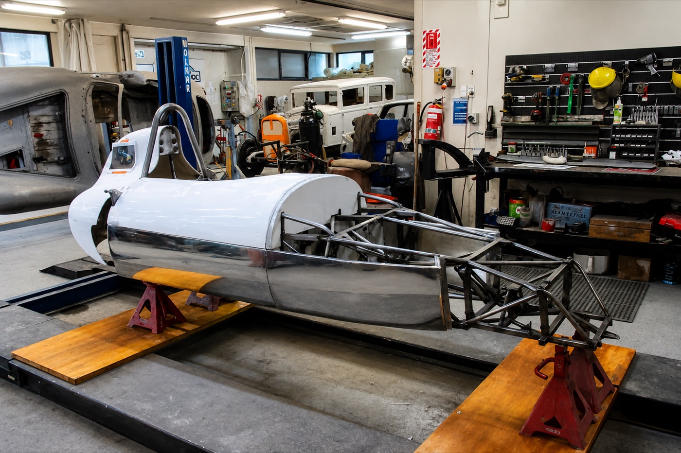 The single-seater as a bare aluminium body and tube frame on stands