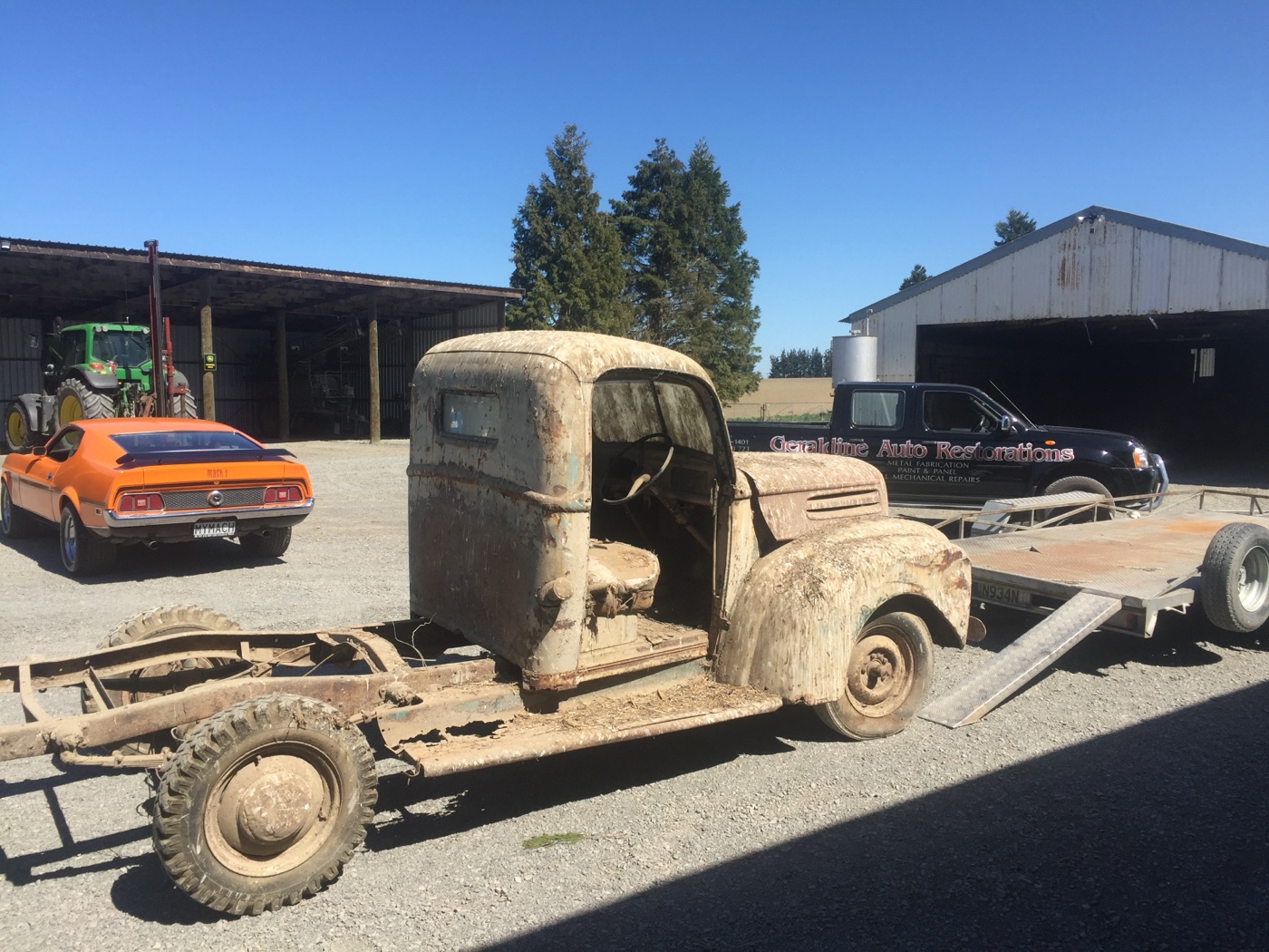 The Ford pickup cab and chassis on a trailer before work began